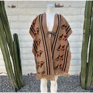Vintage 1970s Woven Folk Bird Textile Poncho Fringe Wall Hanging Decor Boho